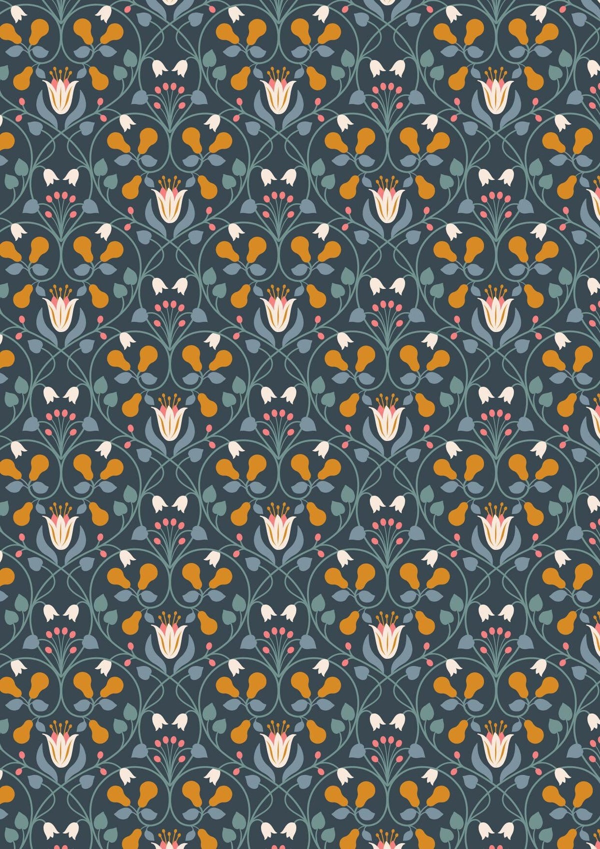 Lewis & Irene Wintertide Fabric Collection Metallic Copper Pear Hearts on Dark Blue Premium 100% Cotton Quilt Shop Quality Fabrics