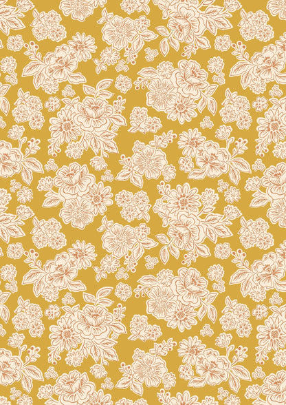 Lewis & Irene Hannah’s Flowers Fabric Collection Flower Blooms on Mustard A618.2