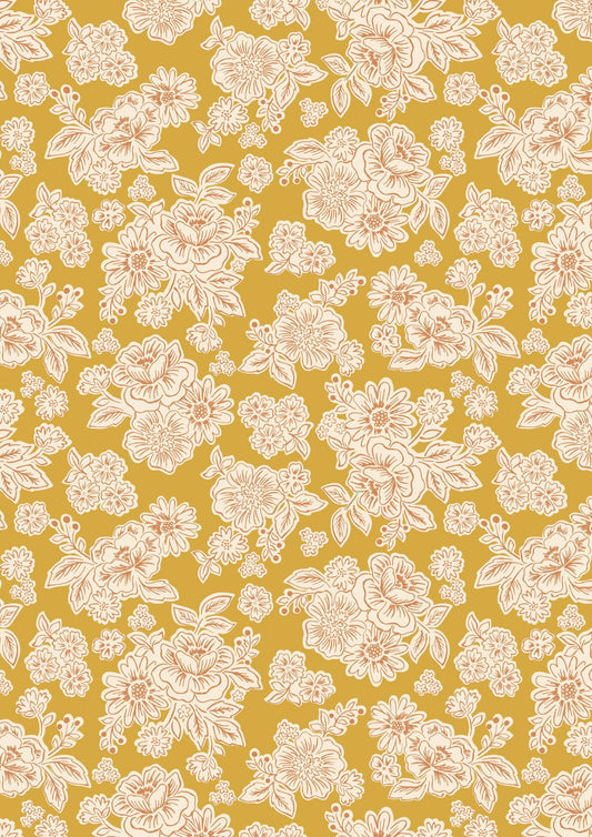Lewis & Irene Hannah’s Flowers Fabric Collection Flower Blooms on Mustard A618.2