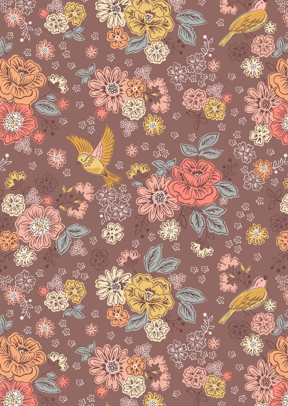 Lewis & Irene Hannah’s Flowers Fabric Collection Songbirds and Flowers on Soft Brown A614.3