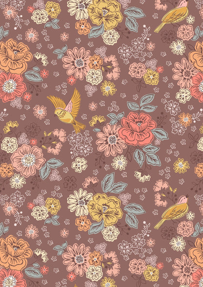 Lewis & Irene Hannah’s Flowers Fabric Collection Songbirds and Flowers on Soft Brown A614.3