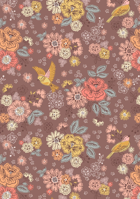 Lewis & Irene Hannah’s Flowers Fabric Collection Songbirds and Flowers on Soft Brown A614.3