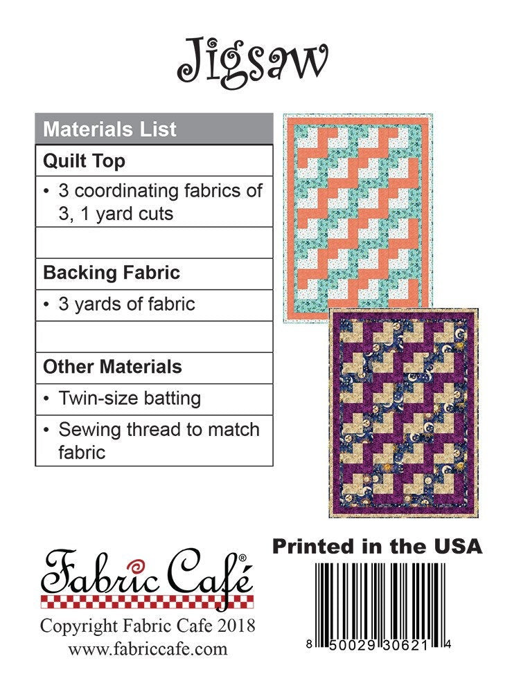 Fabric Cafe Jigsaw Quilt Pattern Finished Size 44”x62”