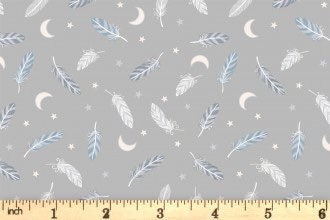 Lewis & Irene Enchanted Fabric Collection Metallic Silver Feathers & Stars on Grey A545.2