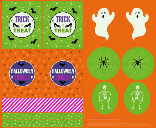 Lewis & Irene Haunted House Fabric Collection Glowing Digital Print 36” Treat Bag Panel on Orange A598.1