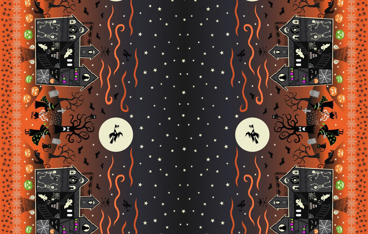 Lewis & Irene Haunted House Fabric Collection Glowing Haunted House Double Edge Border on Orange A599.2