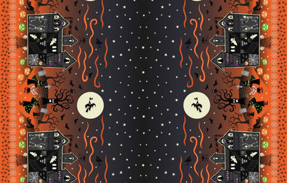 Lewis & Irene Haunted House Fabric Collection Glowing Haunted House Double Edge Border on Orange A599.2