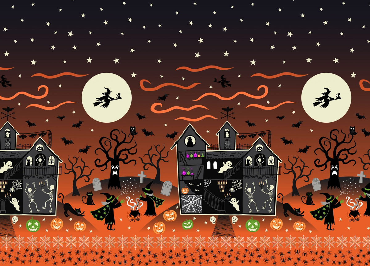 Lewis & Irene Haunted House Fabric Collection Glowing Haunted House Double Edge Border on Orange A599.2