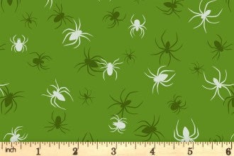 Lewis & Irene Haunted House Fabric Collection Glowing Spiders on Green A602.2