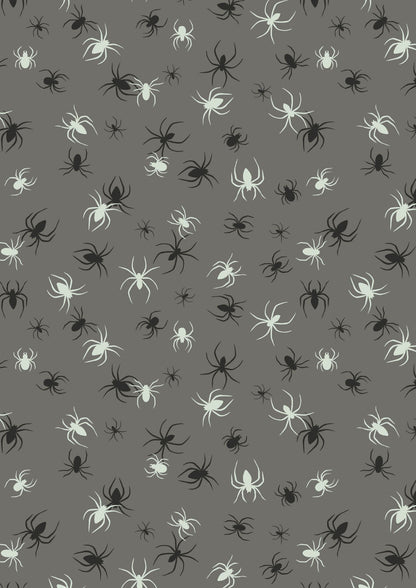 Lewis & Irene Haunted House Fabric Collection Glowing Spiders on Grey A602.1