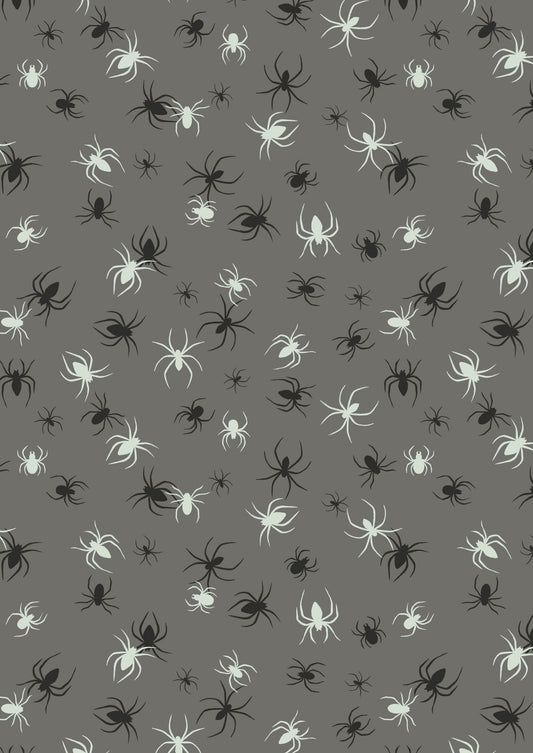 Lewis & Irene Haunted House Fabric Collection Glowing Spiders on Grey A602.1