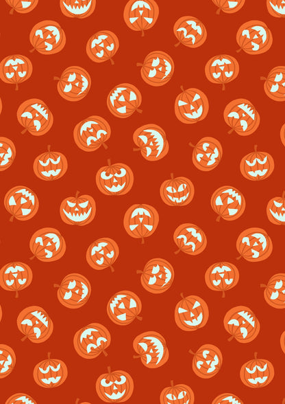 Lewis & Irene Haunted House Fabric Collection Glowing Pumpkin Faces on Orange A601.1
