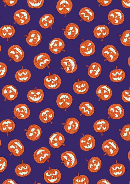 Lewis & Irene Haunted House Fabric Collection Glowing Pumpkin Faces on Purple A601.2