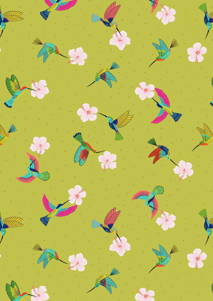 Lewis & Irene Hibiscus Hummingbird Fabric Collection Scattered Hummingbirds on Tropical Green A597.2
