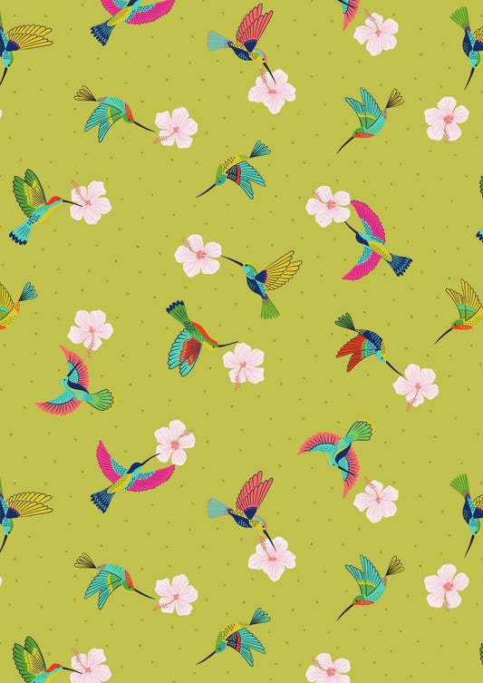 Lewis & Irene Hibiscus Hummingbird Fabric Collection Scattered Hummingbirds on Tropical Green A597.2