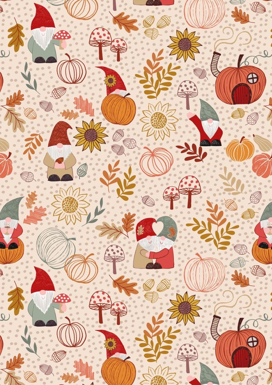 END OF BOLT 15" Lewis & Irene Snuggle Season Fabric Collection Autumn Gnomes on Dark Cream A680.1