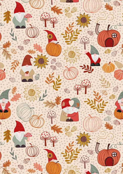 END OF BOLT 15" Lewis & Irene Snuggle Season Fabric Collection Autumn Gnomes on Dark Cream A680.1