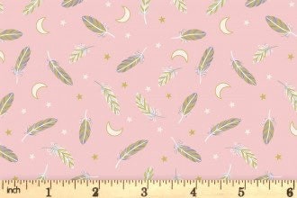 Lewis & Irene Enchanted Fabric Collection Metallic Gold Feathers and Stars on Pink A545.3