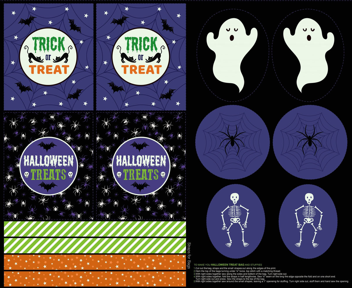 Lewis & Irene Haunted House Fabric Collection Glowing Digital Print 36” Treat Bag Panel on Black A598.2