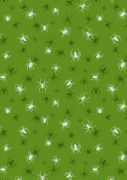 Lewis & Irene Haunted House Fabric Collection Glowing Spiders on Green A602.2