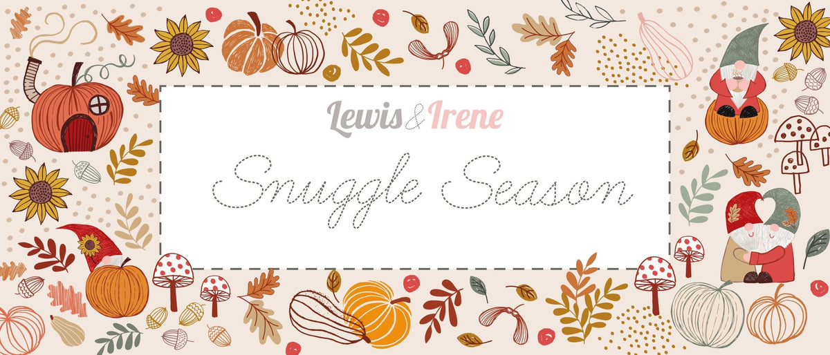 END OF BOLT 15" Lewis & Irene Snuggle Season Fabric Collection Autumn Gnomes on Dark Cream A680.1