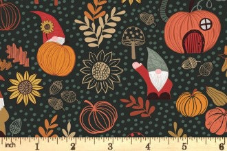 Lewis & Irene Snuggle Season Fabric Collection Autumn Gnomes on Dark Forest Premium 100% Cotton Quilt Shop Quality Fabrics