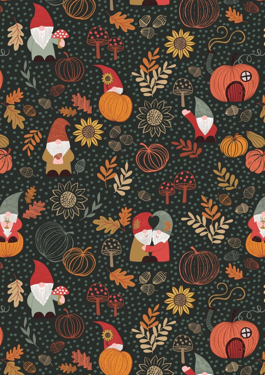 Lewis & Irene Snuggle Season Fabric Collection Autumn Gnomes on Dark Forest Premium 100% Cotton Quilt Shop Quality Fabrics