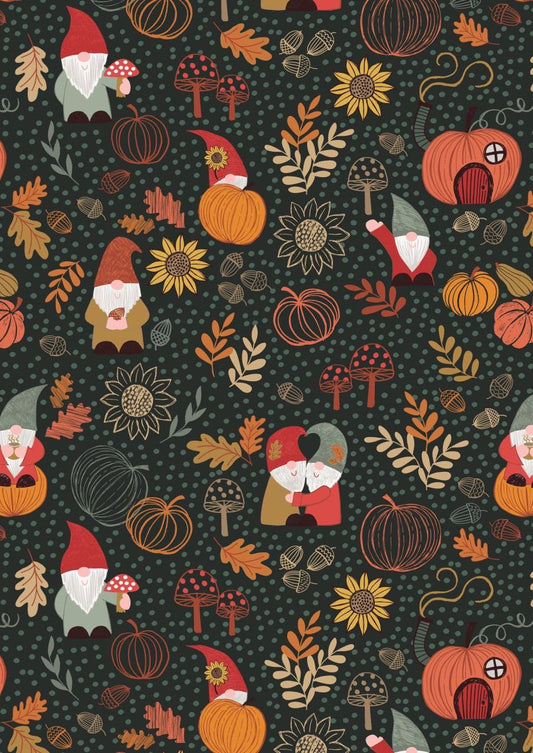 Lewis & Irene Snuggle Season Fabric Collection Autumn Gnomes on Dark Forest Premium 100% Cotton Quilt Shop Quality Fabrics