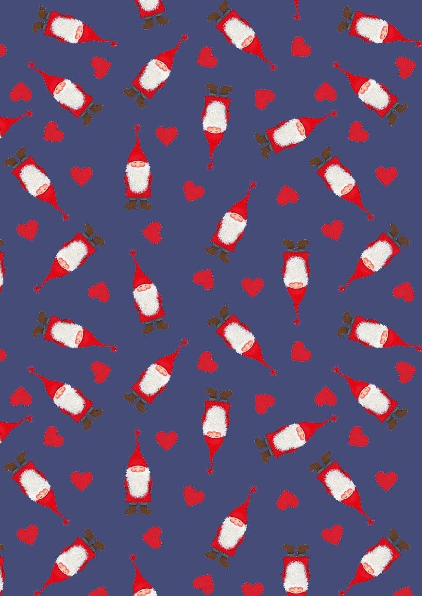 Lewis & Irene Digital Print Tomten's Village Fabric Collection Tomten and Hearts on Dark Blue Authentic Premium 100% Cotton Fabrics