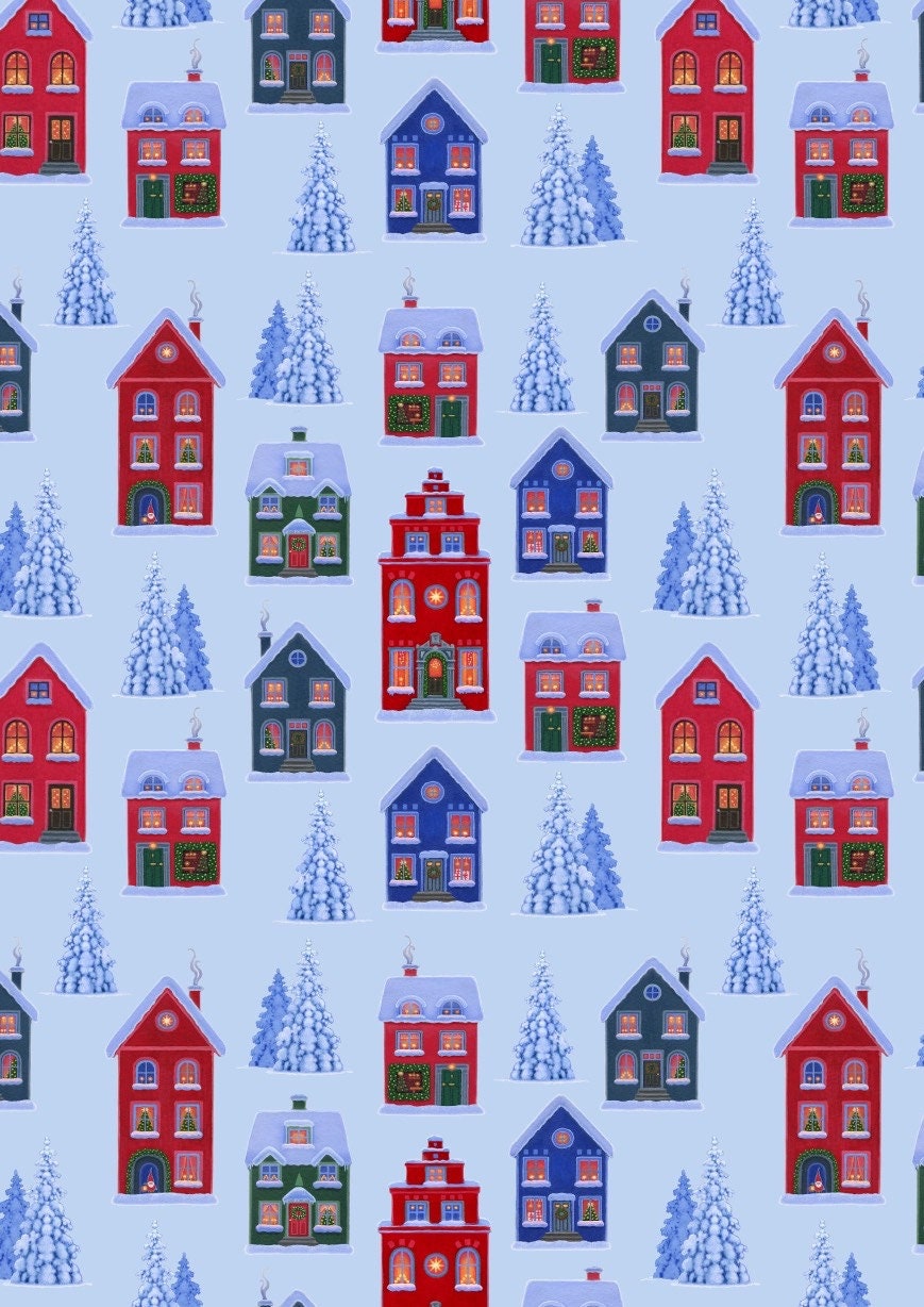 Lewis & Irene Digital Print Tomten's Village Fabric Collection Tomten's Village on Blue Authentic Premium 100% Cotton Fabrics