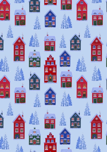 Lewis & Irene Digital Print Tomten's Village Fabric Collection Tomten's Village on Blue Authentic Premium 100% Cotton Fabrics