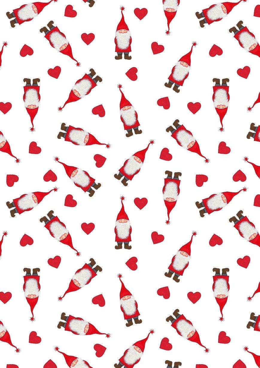 Lewis & Irene Digital Print Tomten's Village Fabric Collection Tomten and Hearts on White Authentic Premium 100% Cotton Fabrics