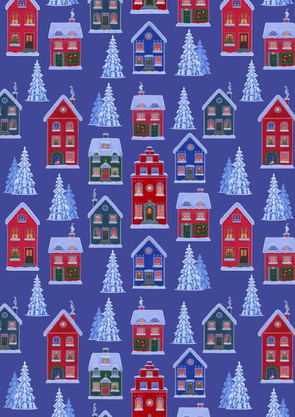 Lewis & Irene Digital Print Tomten's Village Fabric Collection Digital Print Tomten's Village on Dark Blue Authentic Premium 100% Cotton