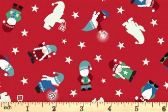 LAST BOLT! Glow-In-The-Dark Lewis & Irene Hygge Glow Fabric Collection Glowing Mini Tomte on Red Authentic Premium 100% Cotton Fabrics