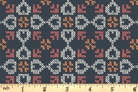 Lewis & Irene Folk Floral Fabric Collection Cross Stitch Hearts on Coral Authentic Premium 100% Cotton Fabrics