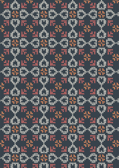 Lewis & Irene Folk Floral Fabric Collection Cross Stitch Hearts on Navy Blue A669.3