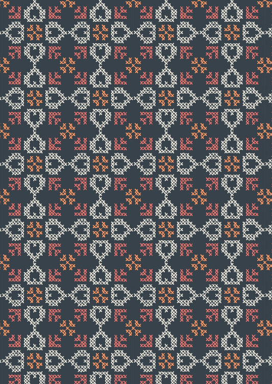 Lewis & Irene Folk Floral Fabric Collection Cross Stitch Hearts on Navy Blue A669.3