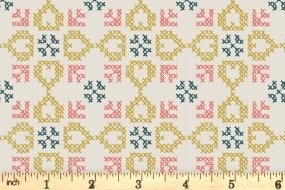 Lewis & Irene Folk Floral Fabric Collection Cross Stitch Hearts on Cream A669.1