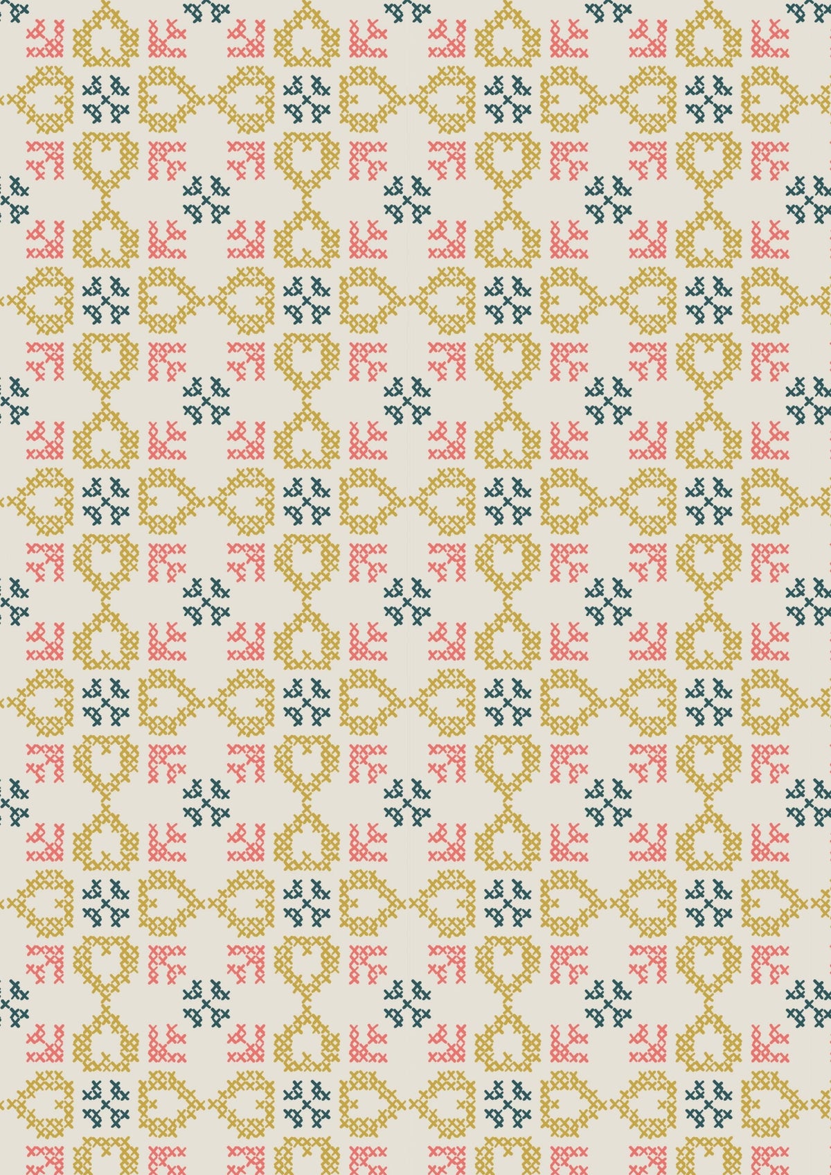 Lewis & Irene Folk Floral Fabric Collection Cross Stitch Hearts on Cream A669.1