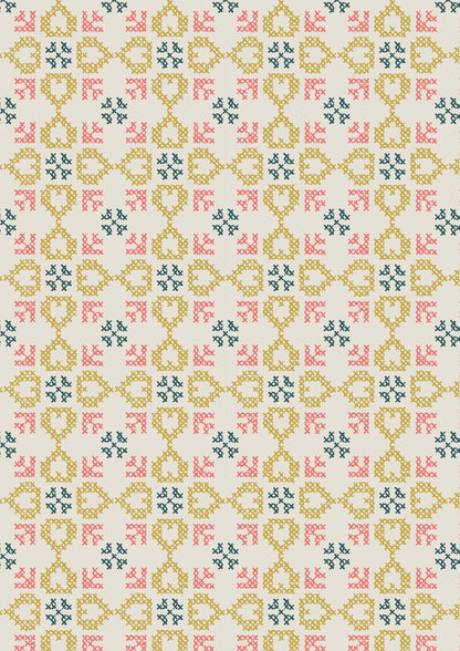 Lewis & Irene Folk Floral Fabric Collection Cross Stitch Hearts on Cream A669.1
