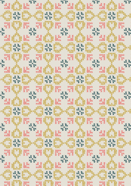 Lewis & Irene Folk Floral Fabric Collection Cross Stitch Hearts on Cream A669.1