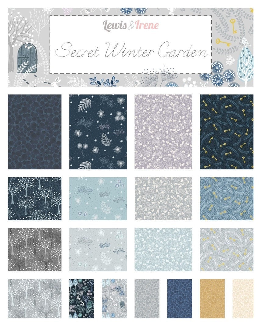 Lewis & Irene Secret Winter Garden Fabric Collection Metallic Gold Keys on Dark Blue Premium 100% Cotton Fabrics
