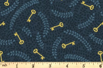 Lewis & Irene Secret Winter Garden Fabric Collection Metallic Gold Keys on Dark Blue Premium 100% Cotton Fabrics