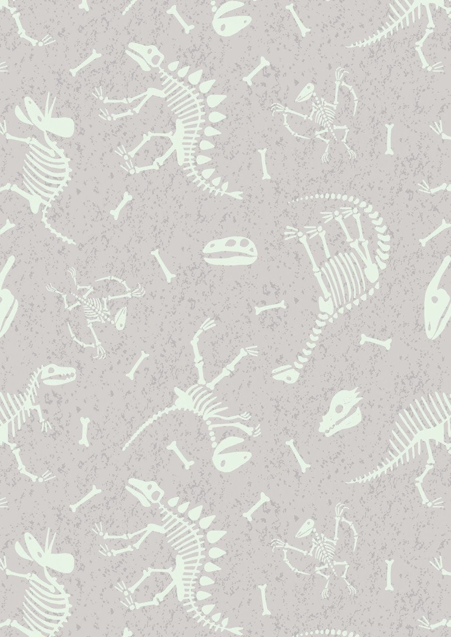 Lewis & Irene Dino Glow Fabric Collection Dino Skeltons on Light Grey A674.1
