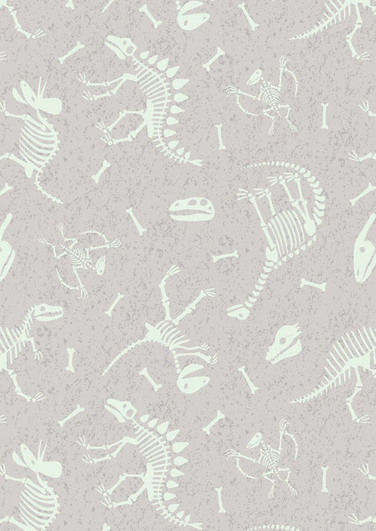 Lewis & Irene Dino Glow Fabric Collection Dino Skeltons on Light Grey A674.1
