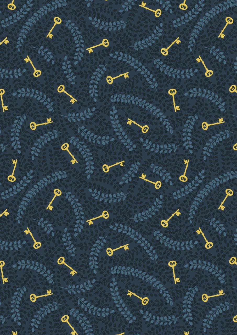Lewis & Irene Secret Winter Garden Fabric Collection Metallic Gold Keys on Dark Blue Premium 100% Cotton Fabrics