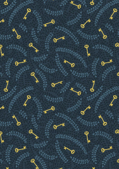 Lewis & Irene Secret Winter Garden Fabric Collection Metallic Gold Keys on Dark Blue Premium 100% Cotton Fabrics