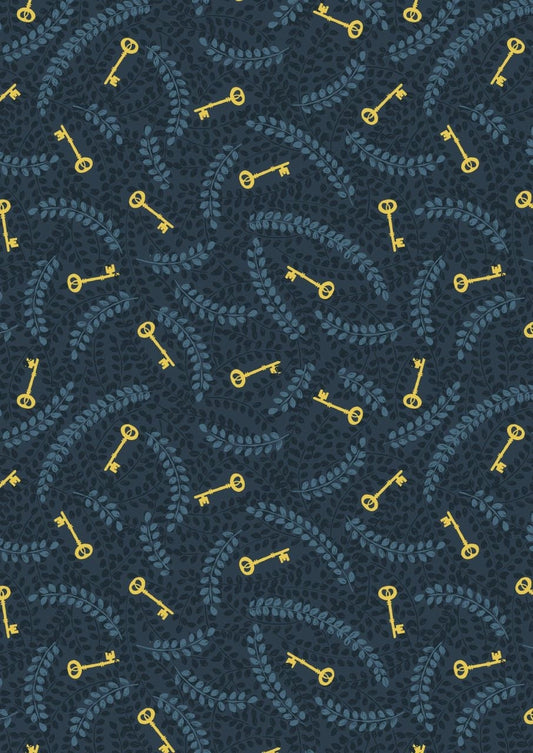 Lewis & Irene Secret Winter Garden Fabric Collection Metallic Gold Keys on Dark Blue Premium 100% Cotton Fabrics