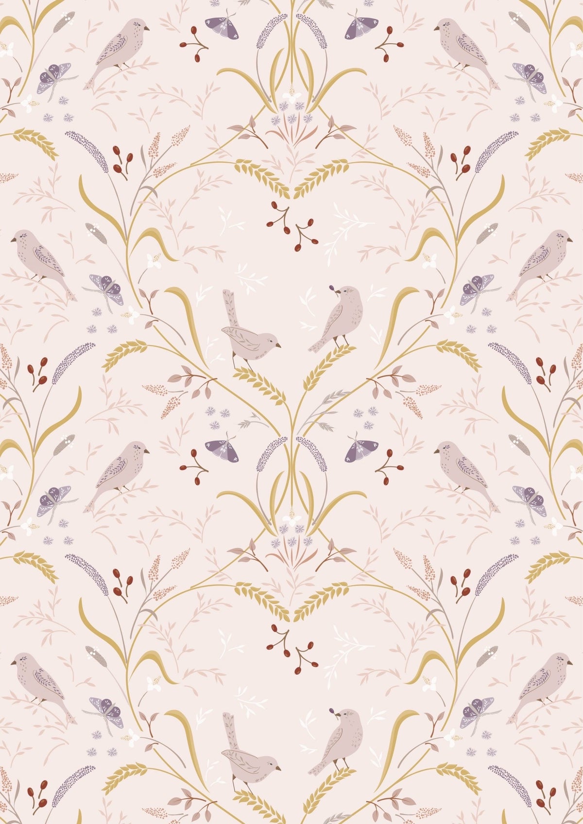 Lewis & Irene Meadowside Fabric Collection Bird By Bird on Ecru Pink Premium 100% Cotton Quilt Shop Quality Fabrics