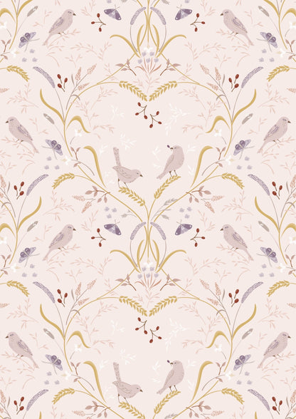 Lewis & Irene Meadowside Fabric Collection Bird By Bird on Ecru Pink Premium 100% Cotton Quilt Shop Quality Fabrics